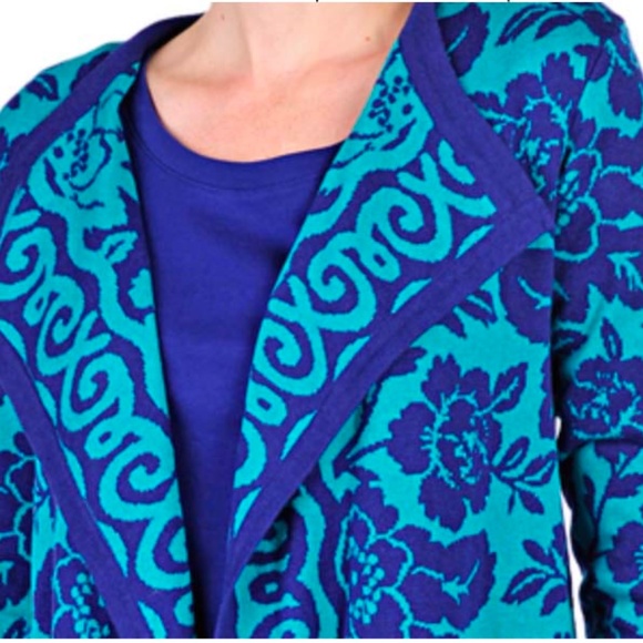 JACKET, BLANKET SWEATER, ROYAL BLUE/TEAL, SZ 3X, GRAPHIC FLORAL, COTTON RAYON - Picture 2 of 15